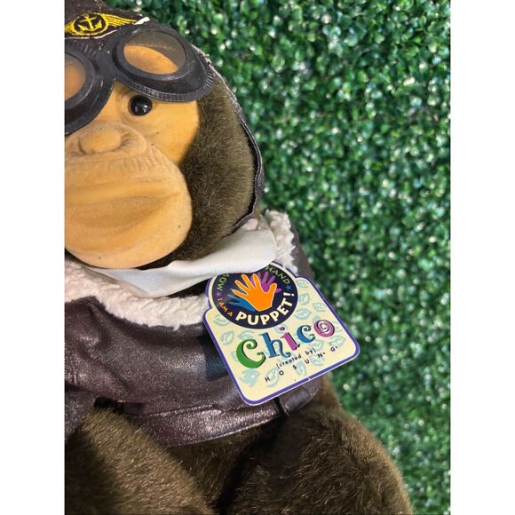 Hosung Monkey Hand Puppet Brown Aviator Jacket and Goggles Chimp Plush Puppet NW - Picture 7 of 10
